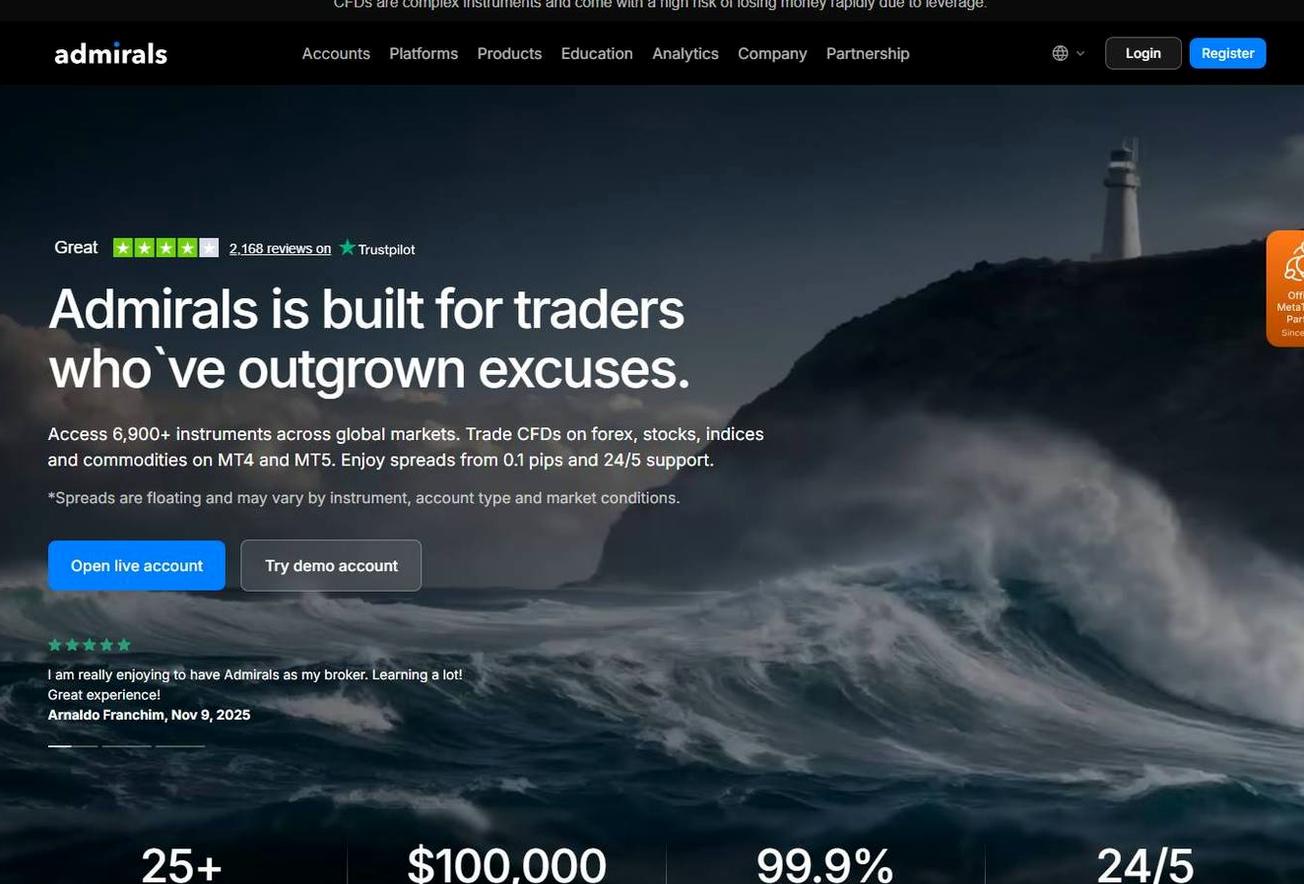 Screenshot of the Admirals website