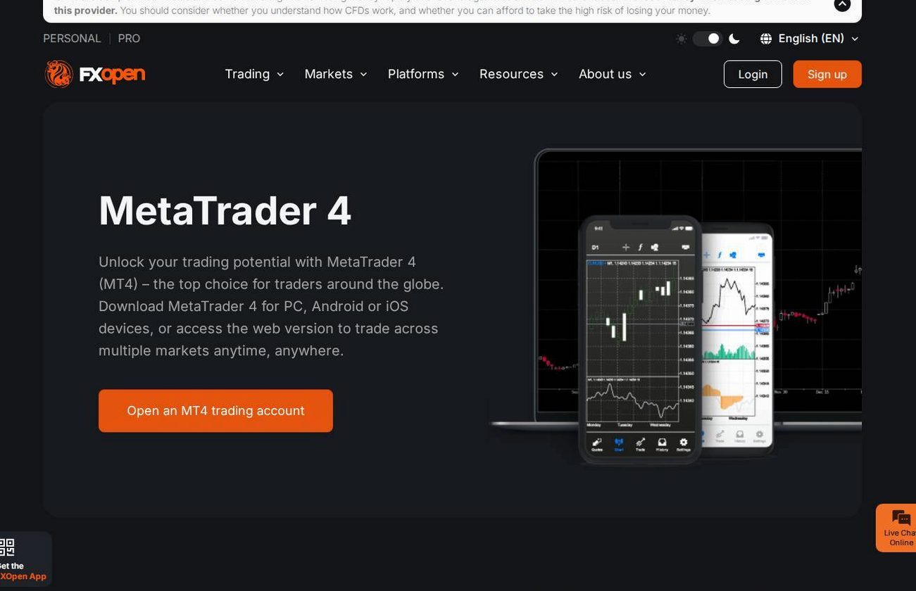 The platform page on the FXOpen website