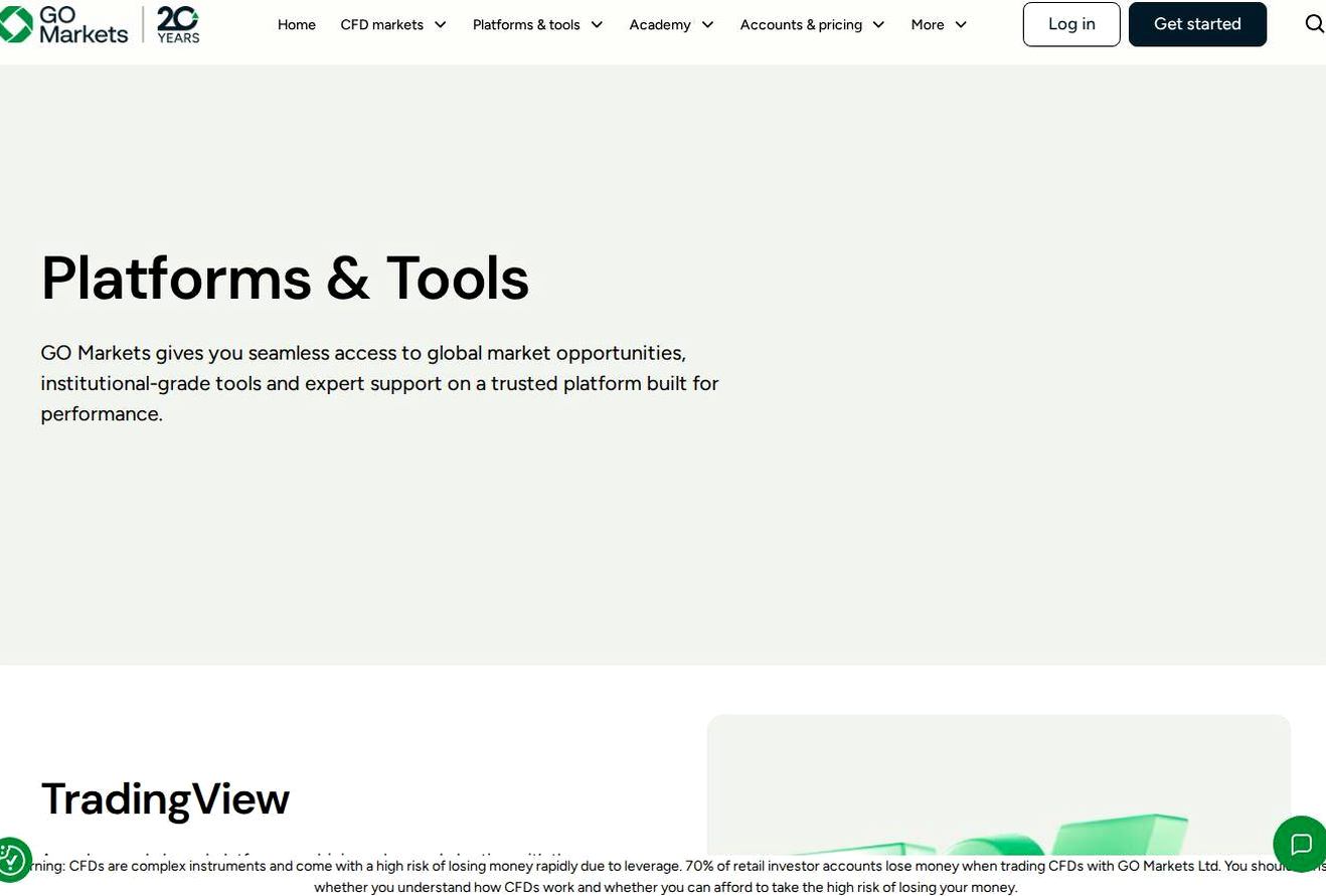 The platform page on the GO Markets website