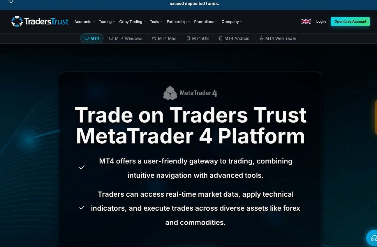 The platform page on the Traders Trust website