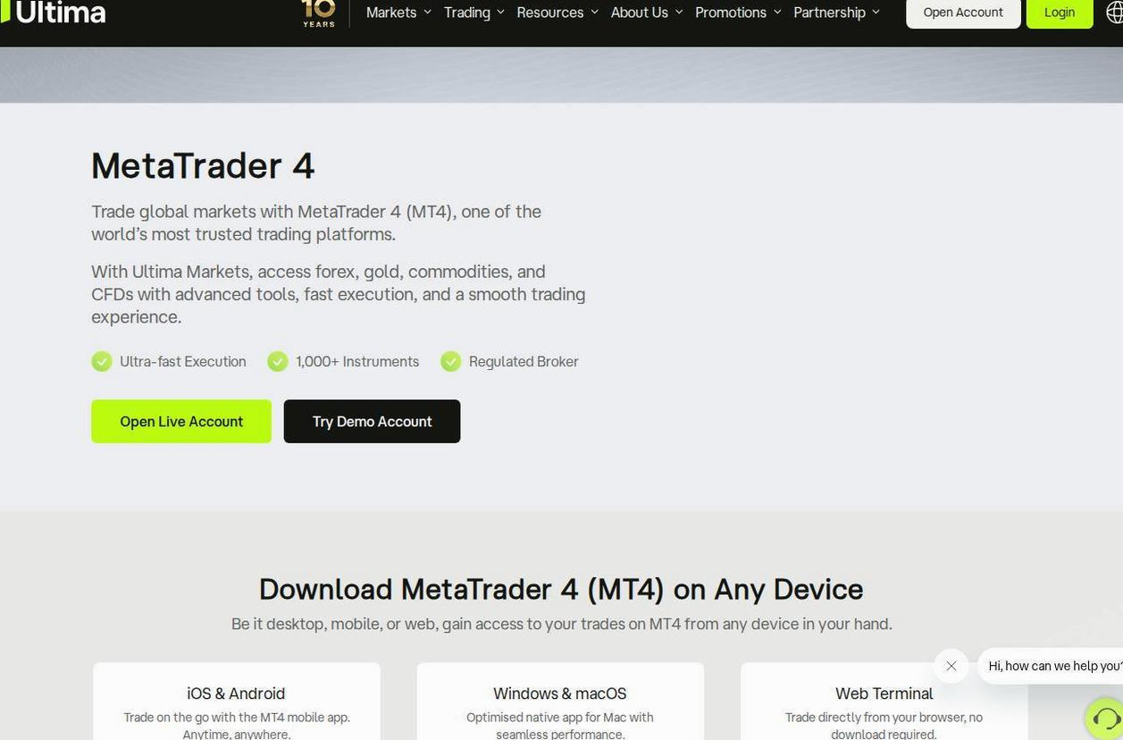The platform page on the Ultima Markets website